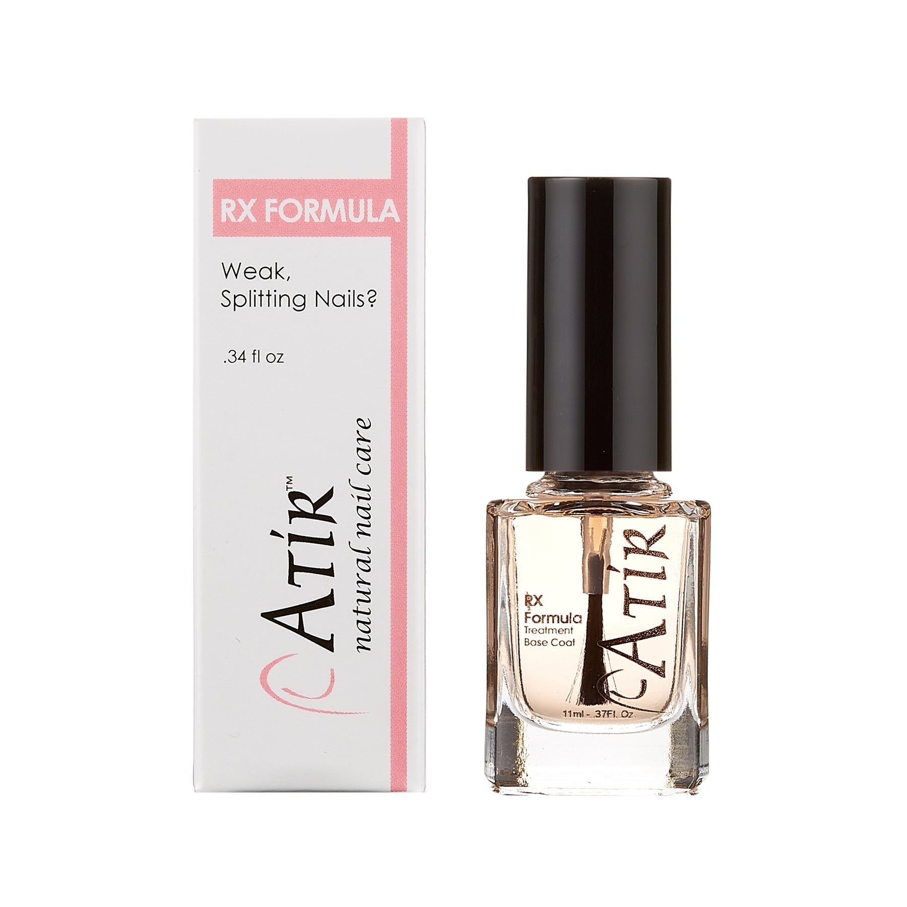 Bottle of ATiR RX Formula base coat for brittle nail repair and strength